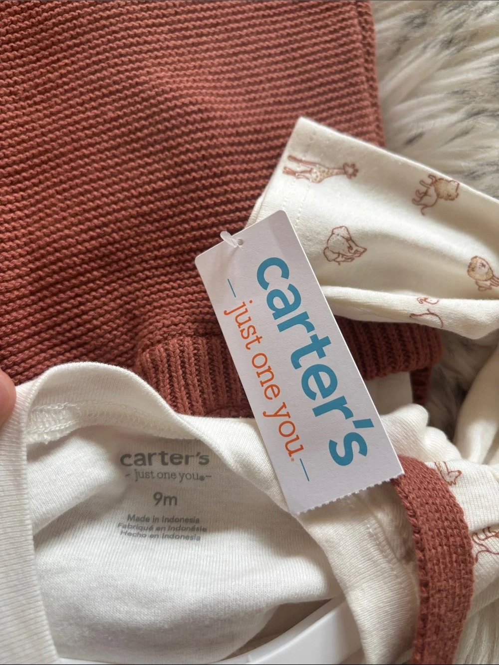 9M NWT Carter's Baby Boy Rust Knit Overalls with Cream Printed Bodysuit